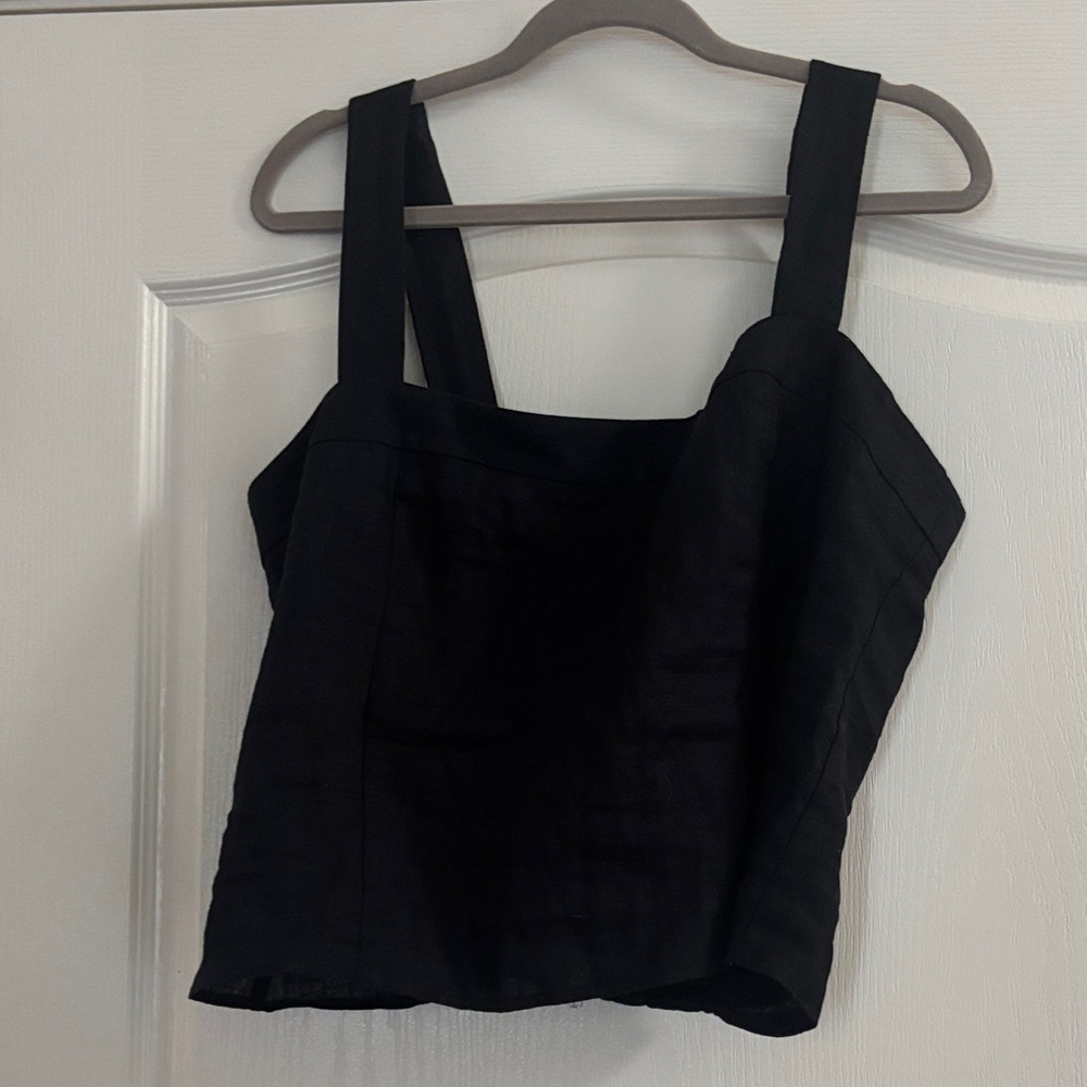 Quince Black Square-Neck Smocked Tank with Wide Straps European Linen